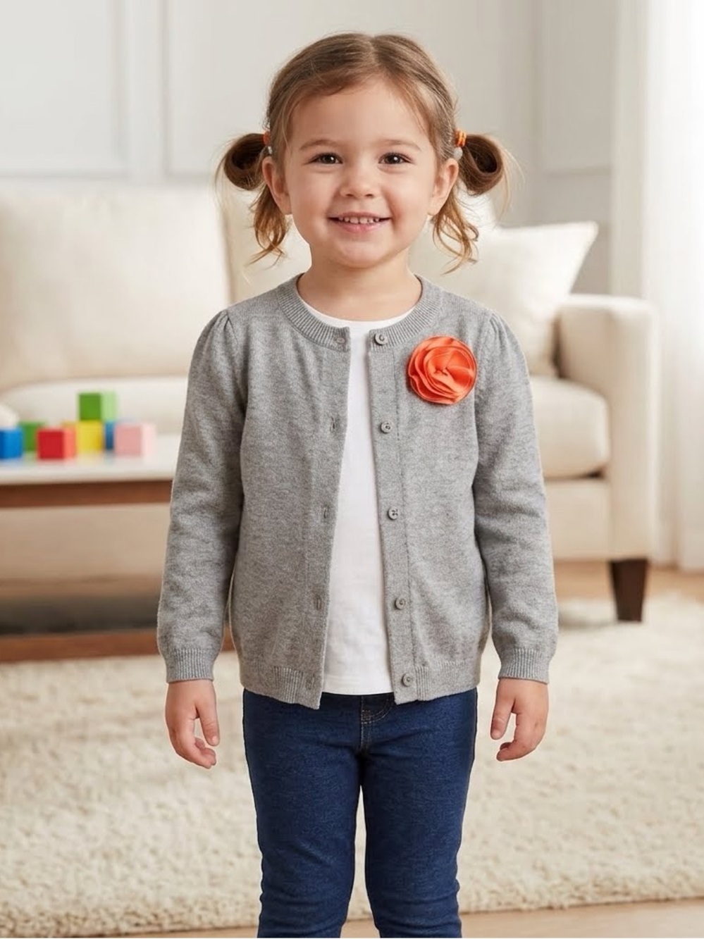 Old Navy Girls' Grey Cardigan with Flower Accent- 3T